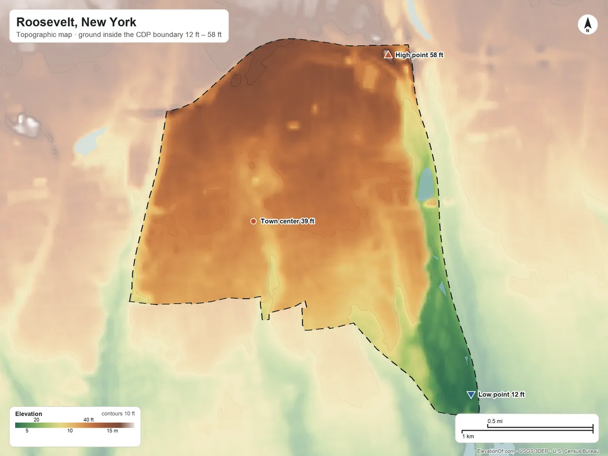 Topographic elevation map of Roosevelt, New York, shaded from 12 ft on the southeast side to 58 ft on the northeast side