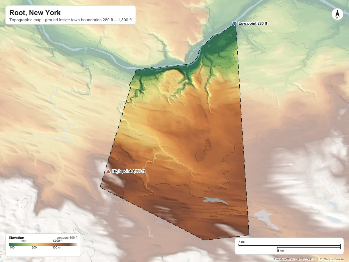 Topographic elevation map of Root, New York, shaded from 280 ft on the northeast side to 1,300 ft on the southwest side