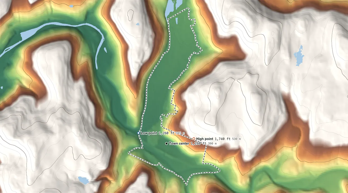 Topographic elevation map of Roscoe, New York, shaded from 1,260 ft on the west side to 1,740 ft on the east edge, below higher ground just outside