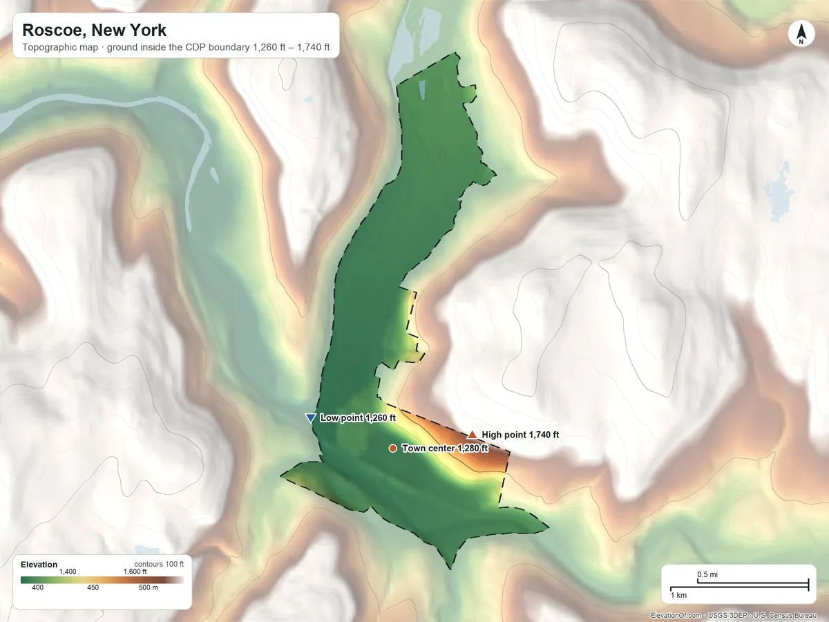 Topographic elevation map of Roscoe, New York, shaded from 1,260 ft on the west side to 1,740 ft on the east edge, below higher ground just outside