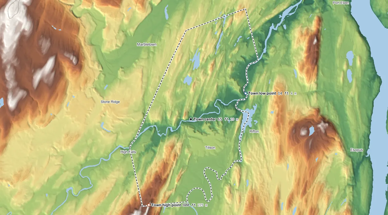 Topographic elevation map of Rosendale, New York, shaded from 14 ft on the northeast side to 900 ft at the foot of the Marlboro Mountains