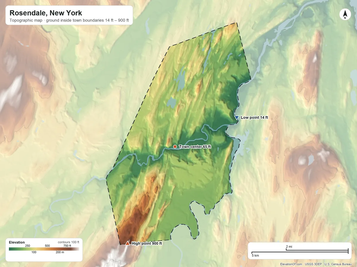 Topographic elevation map of Rosendale, New York, shaded from 14 ft on the northeast side to 900 ft at the foot of the Marlboro Mountains