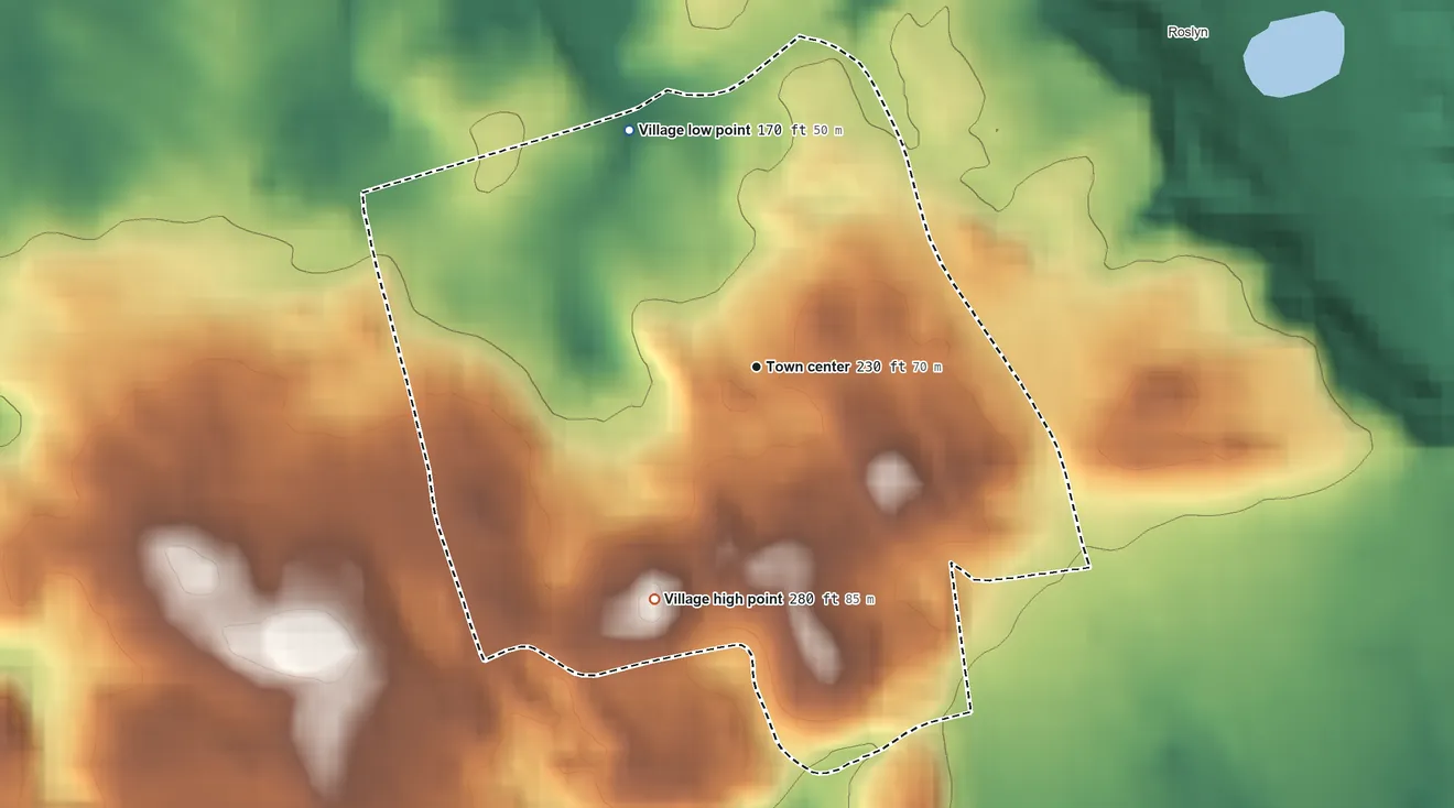 Topographic elevation map of Roslyn Estates, New York, shaded from 170 ft on the northwest side to 280 ft on the southwest side