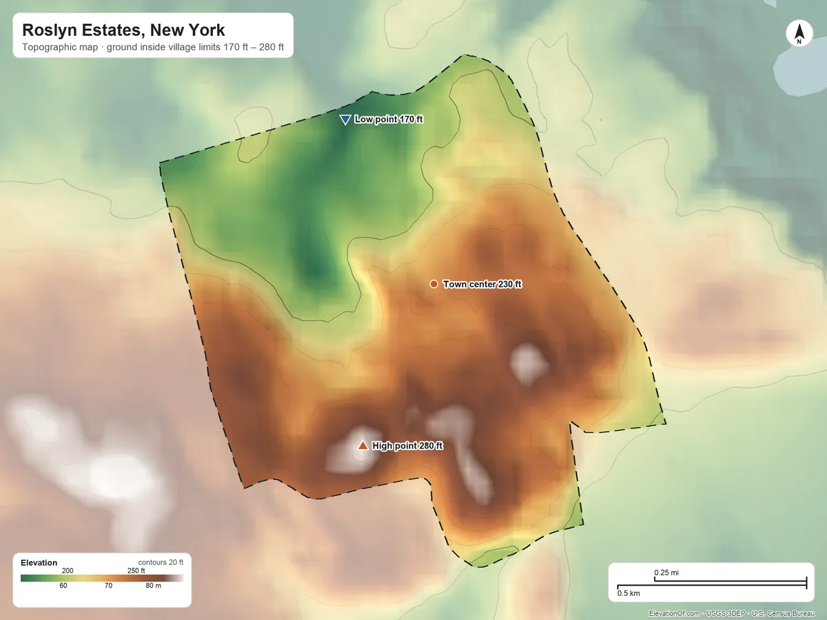Topographic elevation map of Roslyn Estates, New York, shaded from 170 ft on the northwest side to 280 ft on the southwest side