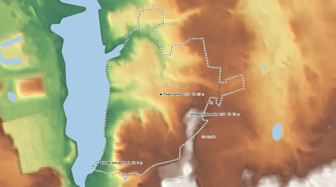 Topographic elevation map of Roslyn Harbor, New York, shaded from sea level level on Hempstead Harbor to 230 ft on the southeast side