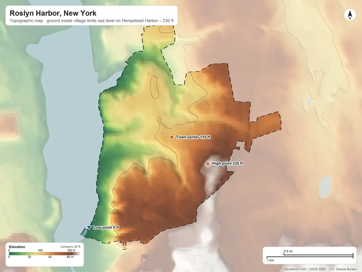 Topographic elevation map of Roslyn Harbor, New York, shaded from sea level level on Hempstead Harbor to 230 ft on the southeast side