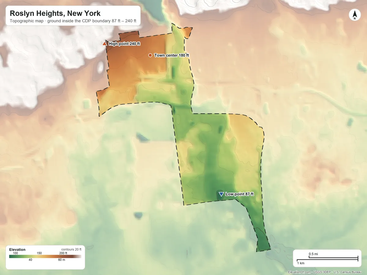 Topographic elevation map of Roslyn Heights, New York, shaded from 87 ft on the southeast side to 240 ft on the west side