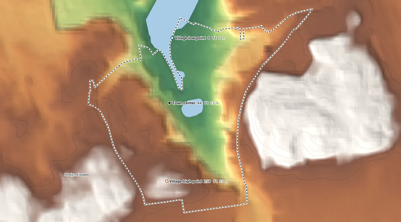 Topographic elevation map of Roslyn, New York, shaded from sea level level on Hempstead Harbor to 250 ft on the south side