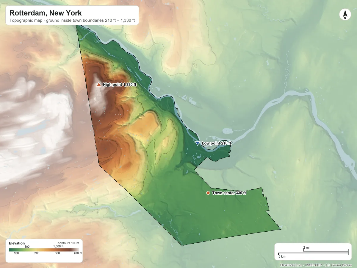 Topographic elevation map of Rotterdam, New York, shaded from 210 ft on the north side to 1,330 ft on the northwest side