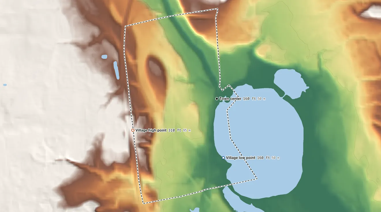 Topographic elevation map of Round Lake, New York, shaded from 160 ft on the south side to 310 ft on the west side