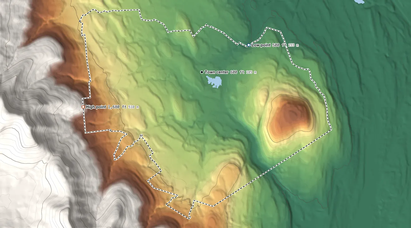 Topographic elevation map of Round Top, New York, shaded from 500 ft on the northeast side to 1,680 ft at the foot of the Blackhead Mountains