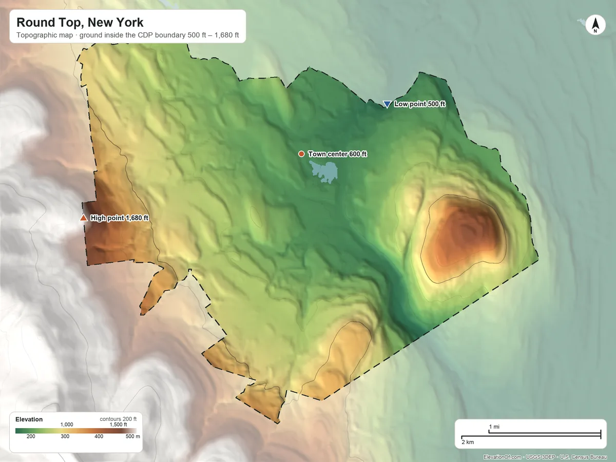 Topographic elevation map of Round Top, New York, shaded from 500 ft on the northeast side to 1,680 ft at the foot of the Blackhead Mountains