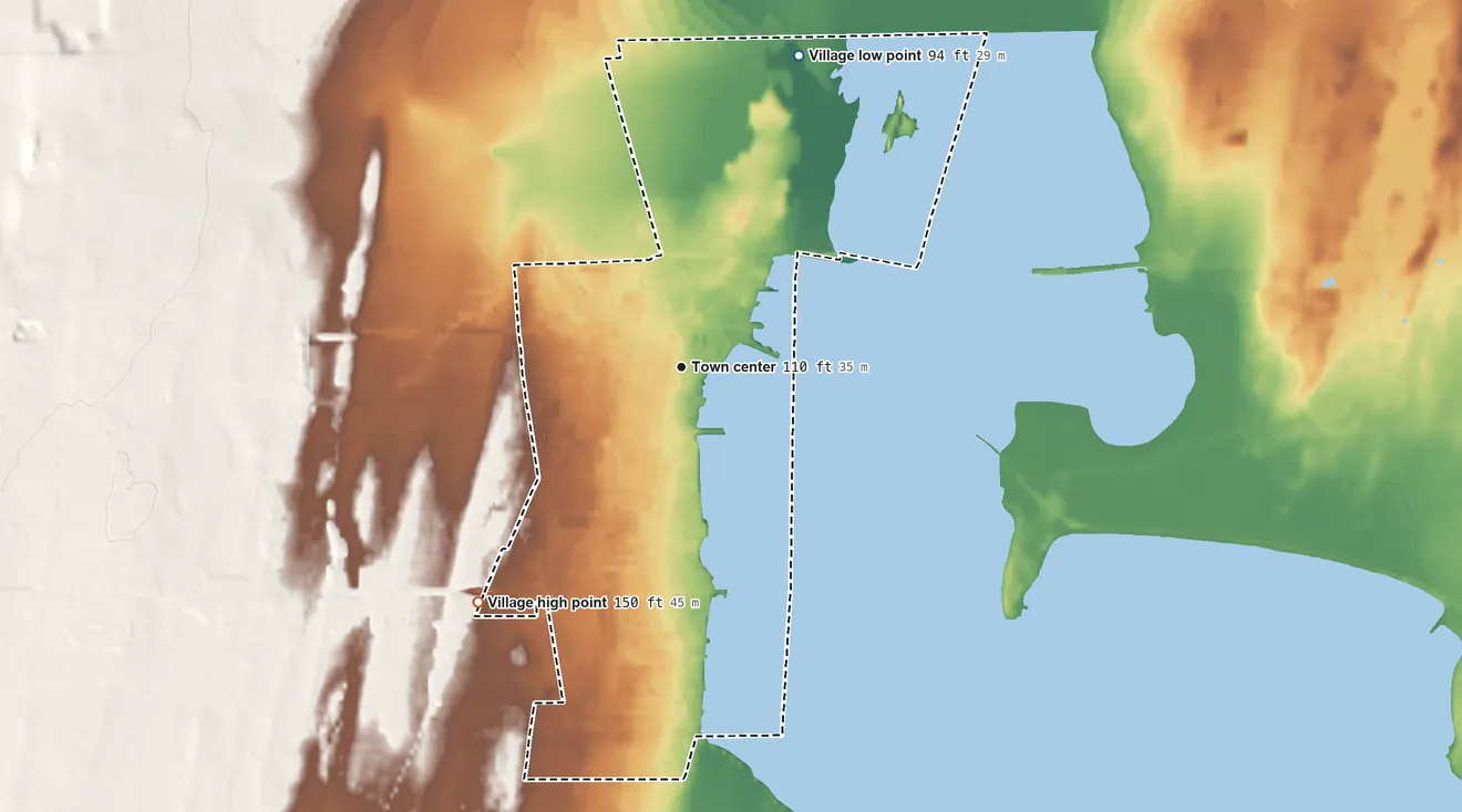 Topographic elevation map of Rouses Point, New York, shaded from 94 ft on the north side to 150 ft on the southwest side