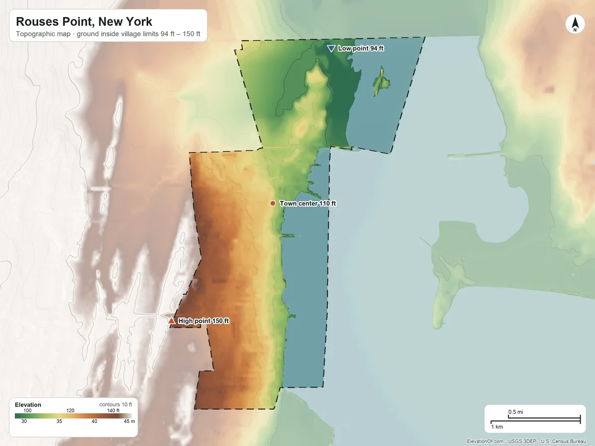 Topographic elevation map of Rouses Point, New York, shaded from 94 ft on the north side to 150 ft on the southwest side