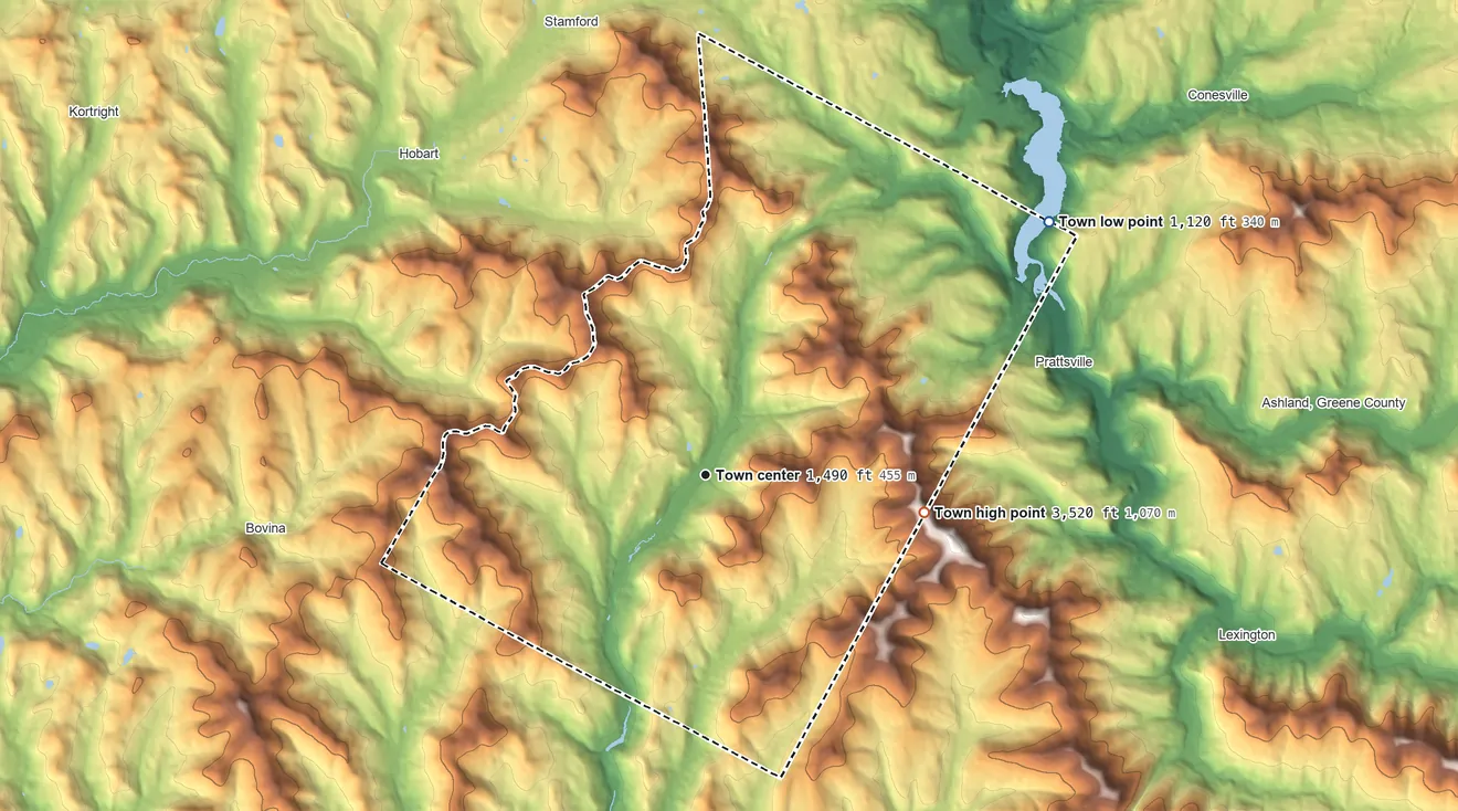 Topographic elevation map of Roxbury, New York, shaded from 1,120 ft on the northeast side to 3,520 ft on Bearpen Mountain