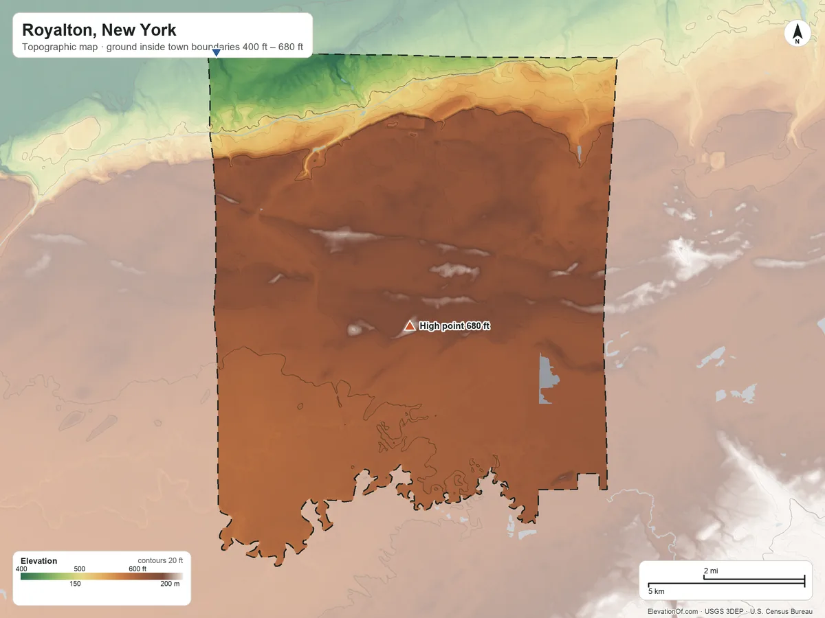 Topographic elevation map of Royalton, New York, shaded from 400 ft on the northwest side to 680 ft on the south side