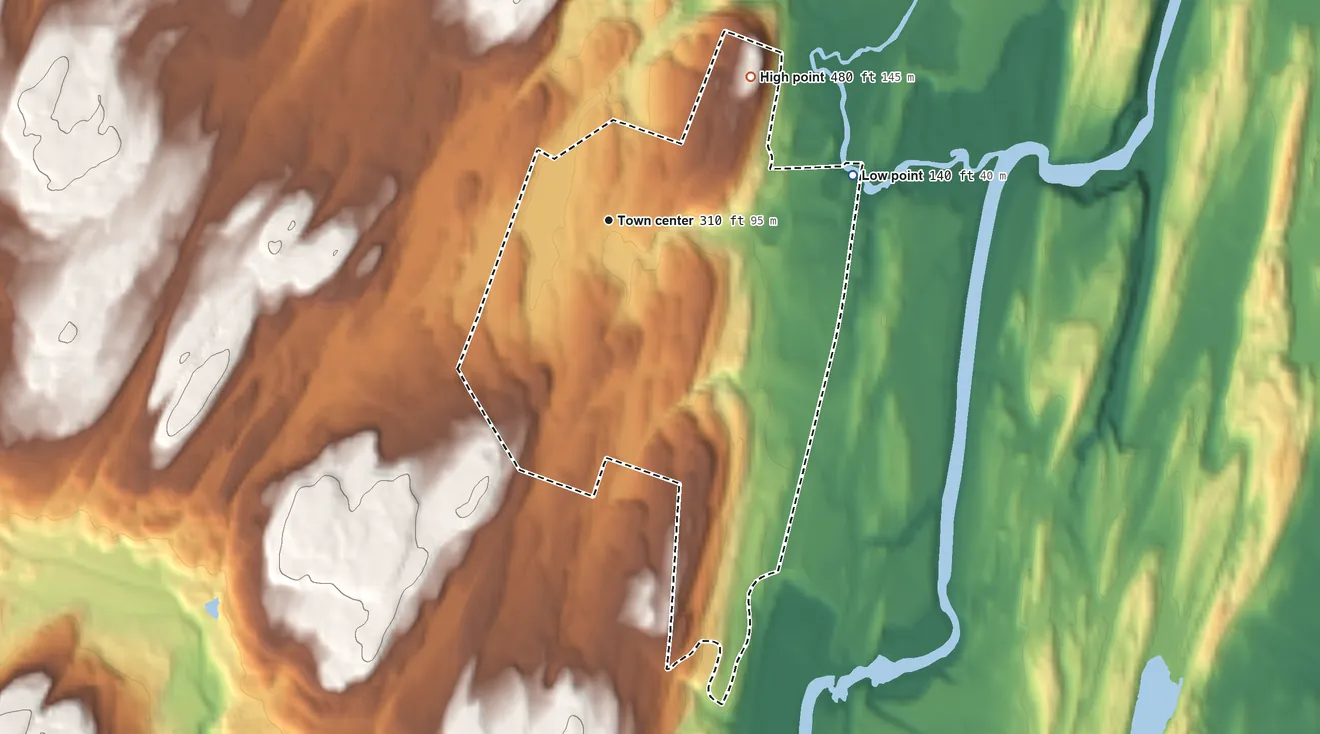 Topographic elevation map of Ruby, New York, shaded from 140 ft on the east side to 480 ft on the northeast side