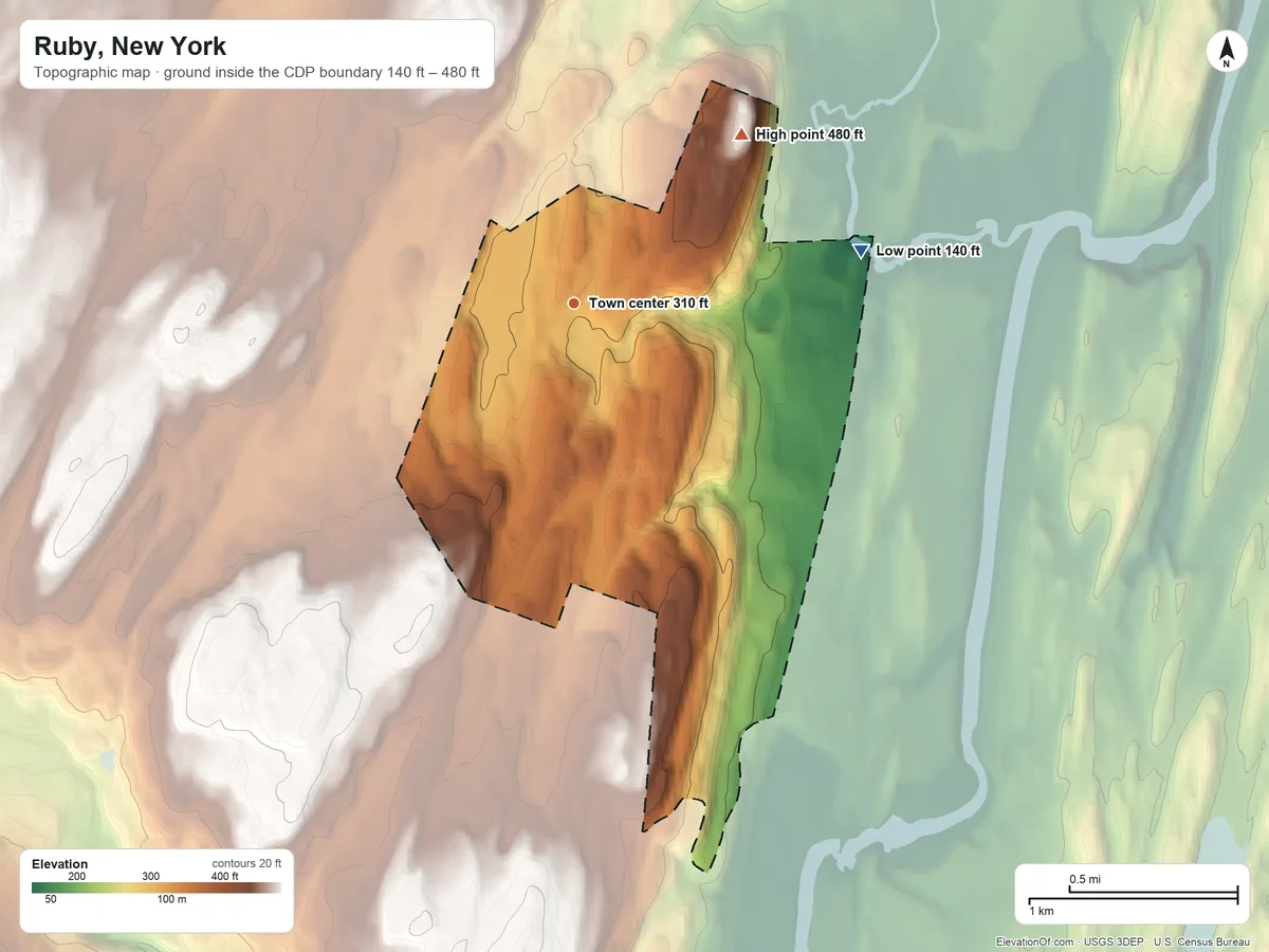 Topographic elevation map of Ruby, New York, shaded from 140 ft on the east side to 480 ft on the northeast side