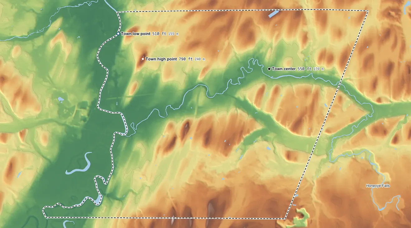 Topographic elevation map of Rush, New York, shaded from 510 ft on the west side to 790 ft on Ryder Hill