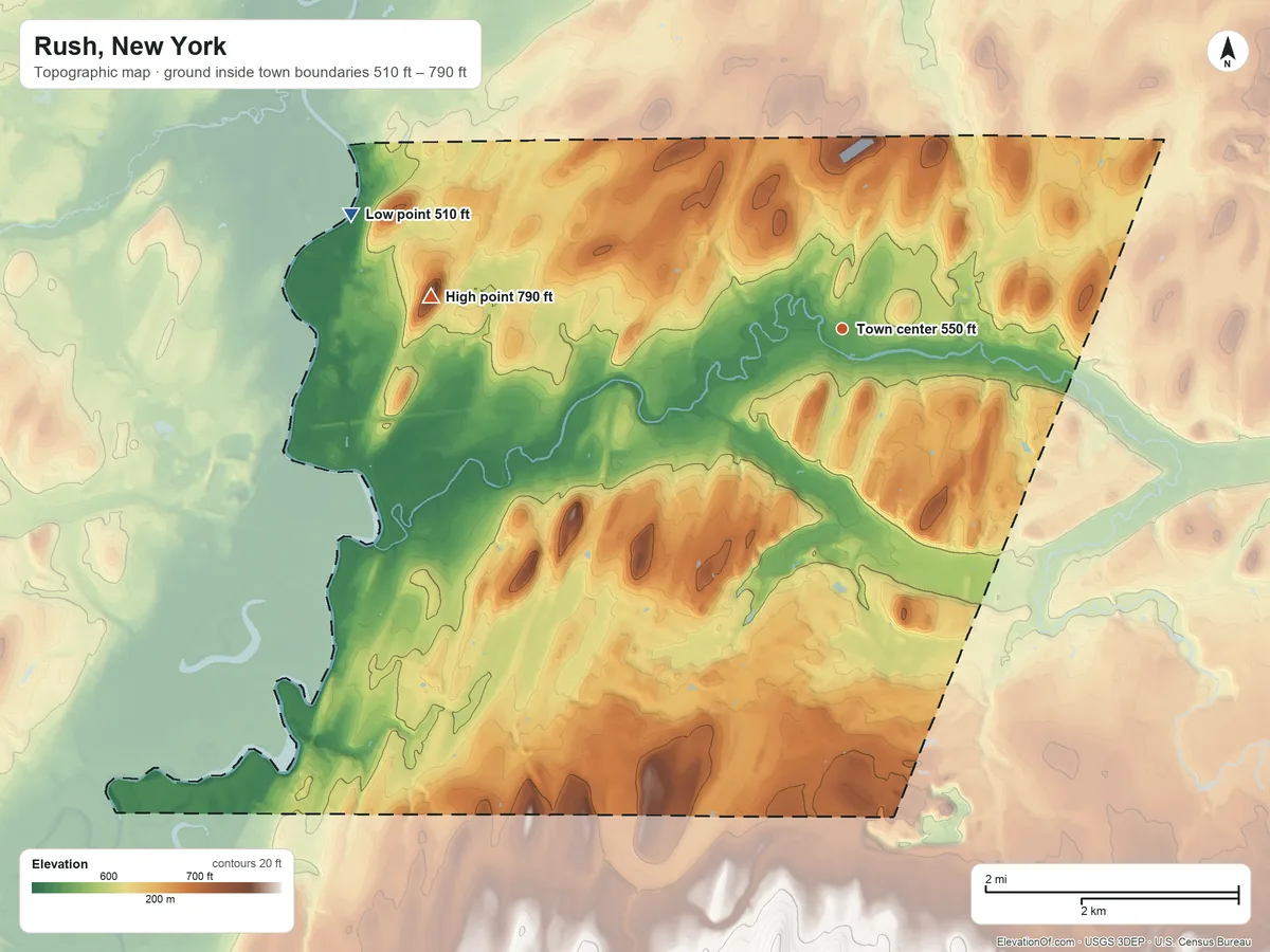 Topographic elevation map of Rush, New York, shaded from 510 ft on the west side to 790 ft on Ryder Hill