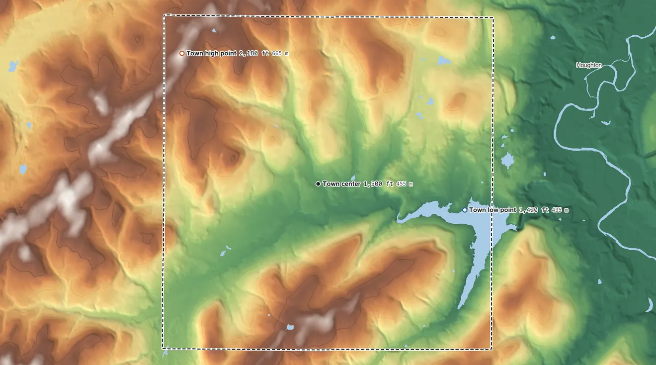 Topographic elevation map of Rushford, New York, shaded from 1,420 ft on the east side to 2,180 ft on the northwest side