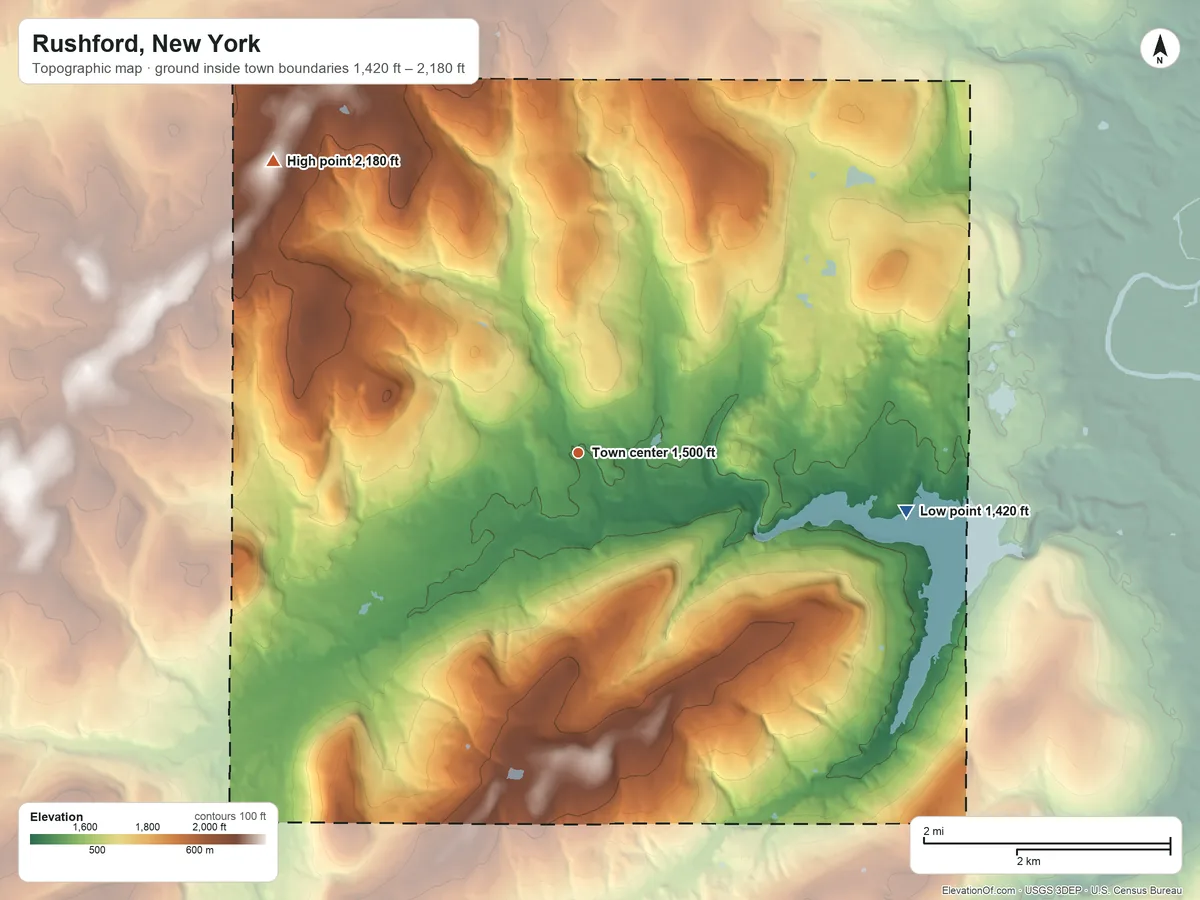 Topographic elevation map of Rushford, New York, shaded from 1,420 ft on the east side to 2,180 ft on the northwest side