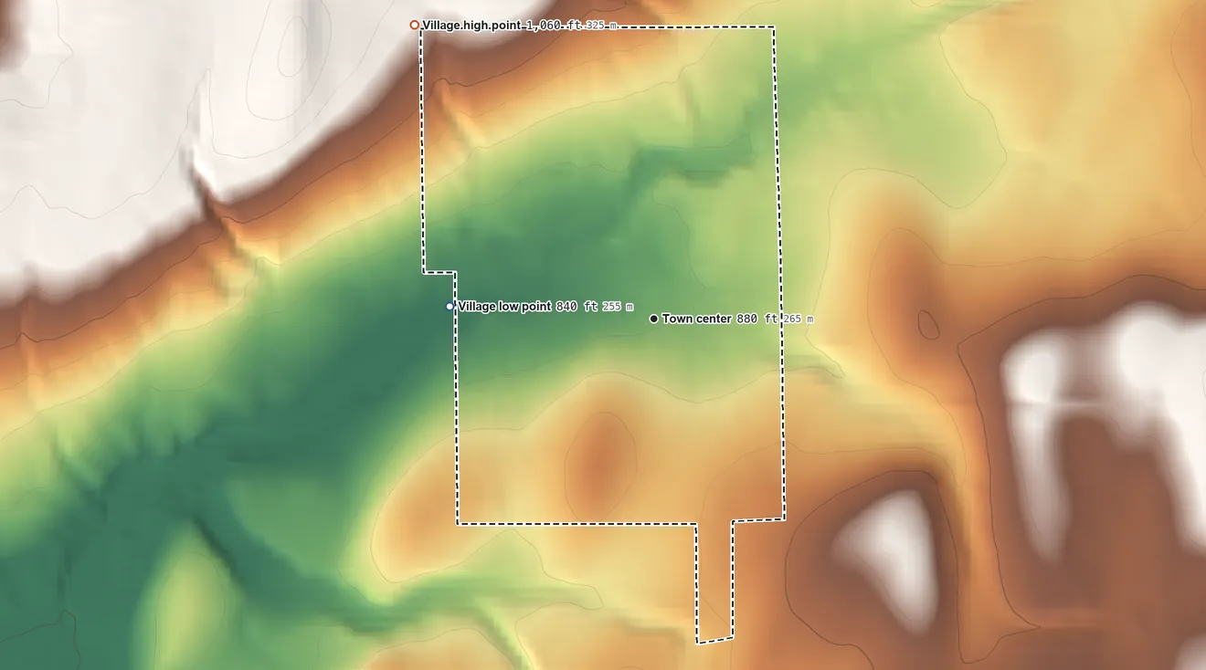 Topographic elevation map of Rushville, New York, shaded from 840 ft on the west side to 1,060 ft on the northwest side