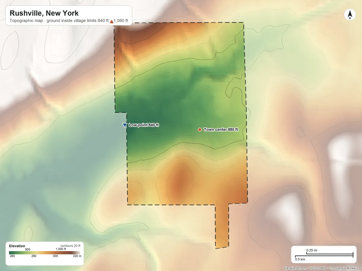 Topographic elevation map of Rushville, New York, shaded from 840 ft on the west side to 1,060 ft on the northwest side