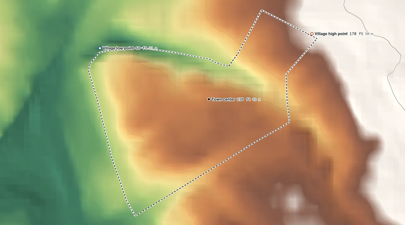 Topographic elevation map of Russell Gardens, New York, shaded from 68 ft on the northwest side to 170 ft on the northeast side