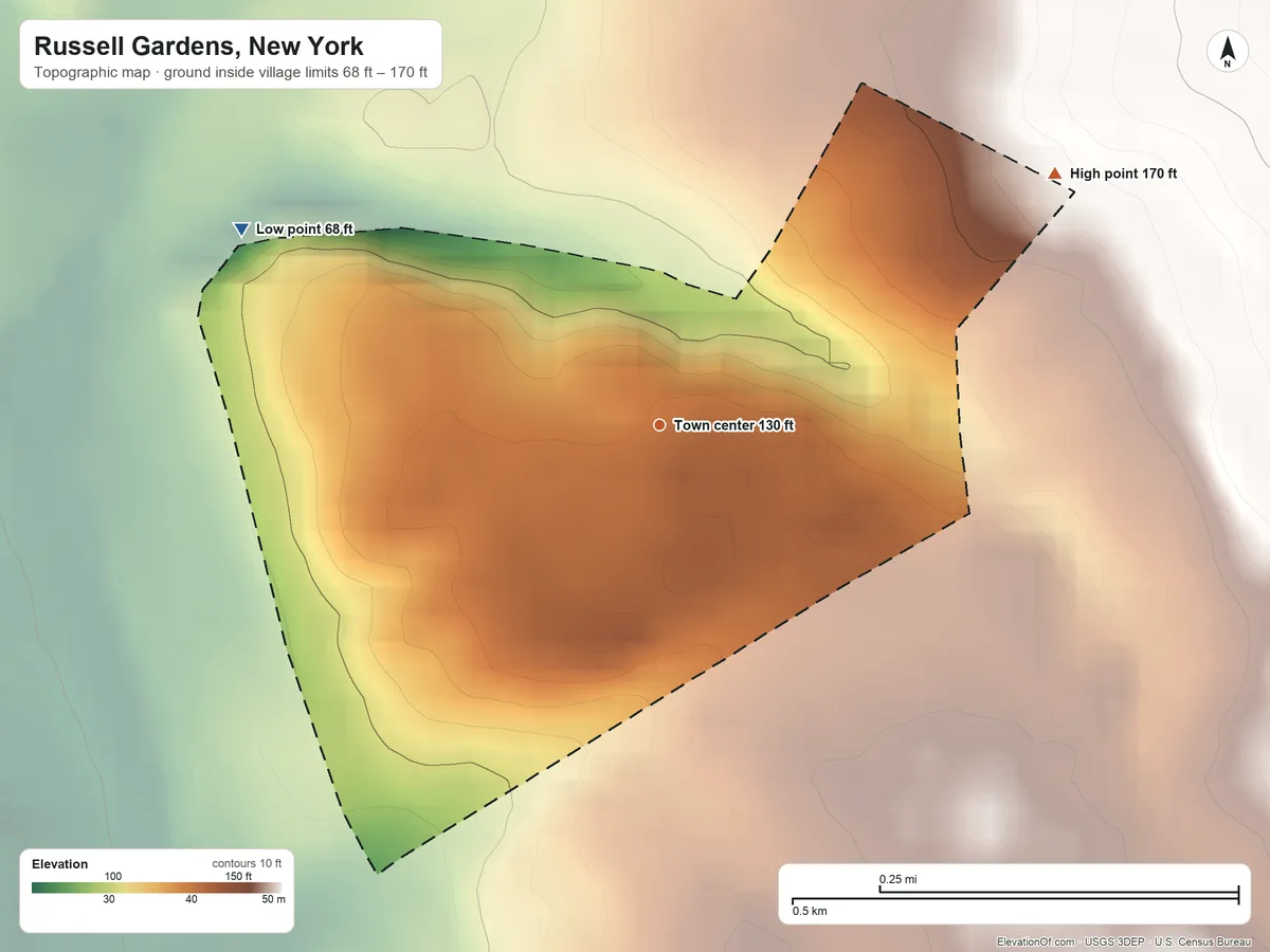 Topographic elevation map of Russell Gardens, New York, shaded from 68 ft on the northwest side to 170 ft on the northeast side