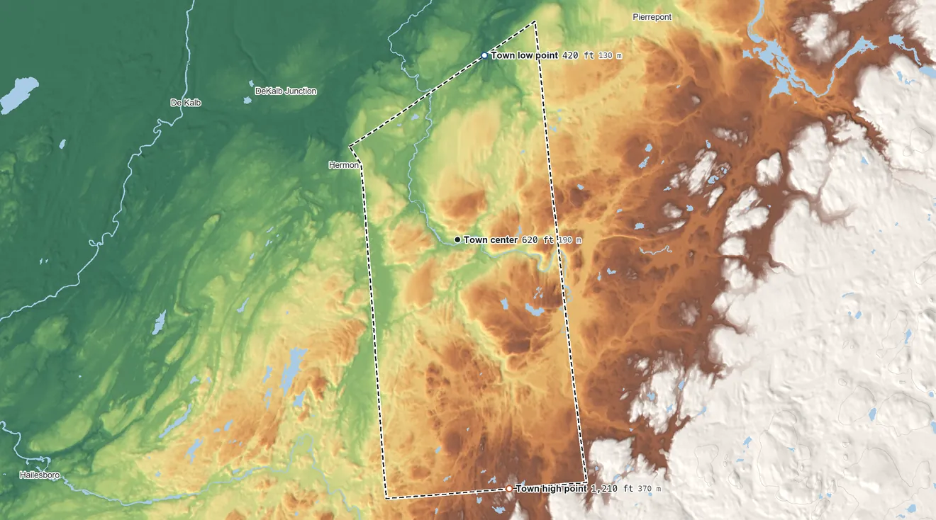 Topographic elevation map of Russell, New York, shaded from 420 ft on the north side to 1,210 ft on the south side