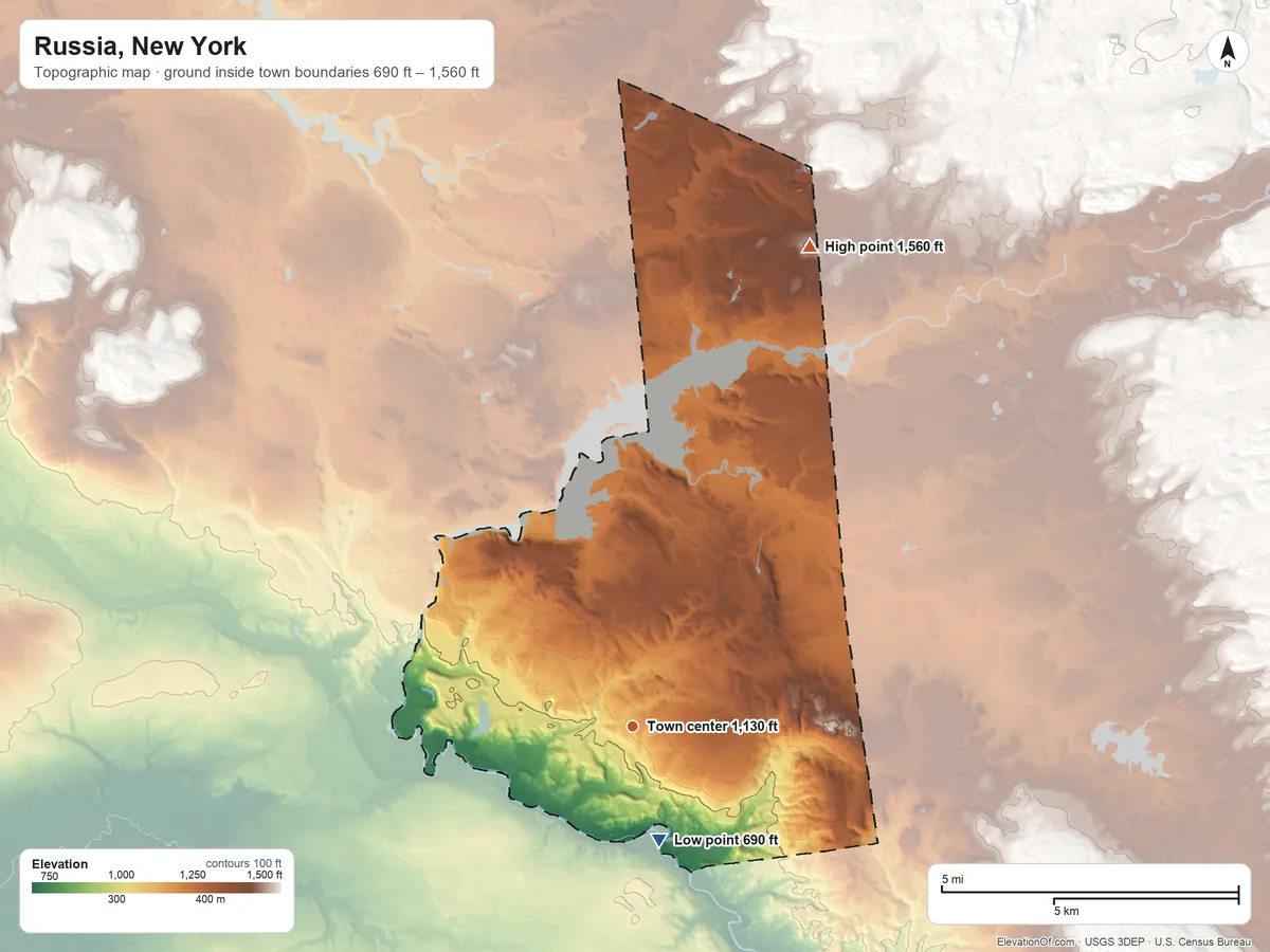 Topographic elevation map of Russia, New York, shaded from 690 ft on the south side to 1,560 ft on the north side