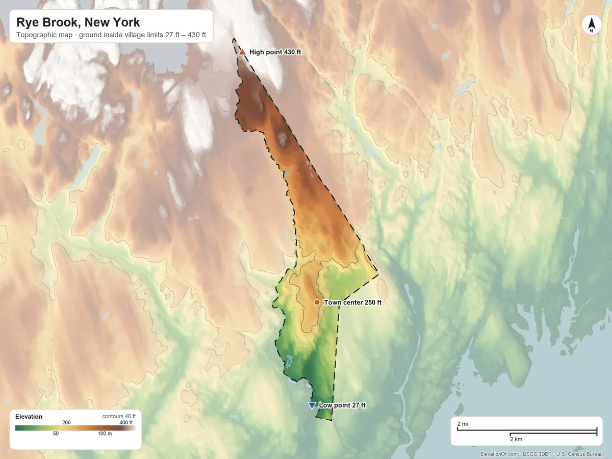 Topographic elevation map of Rye Brook, New York, shaded from 27 ft on the south side to 430 ft on the north side