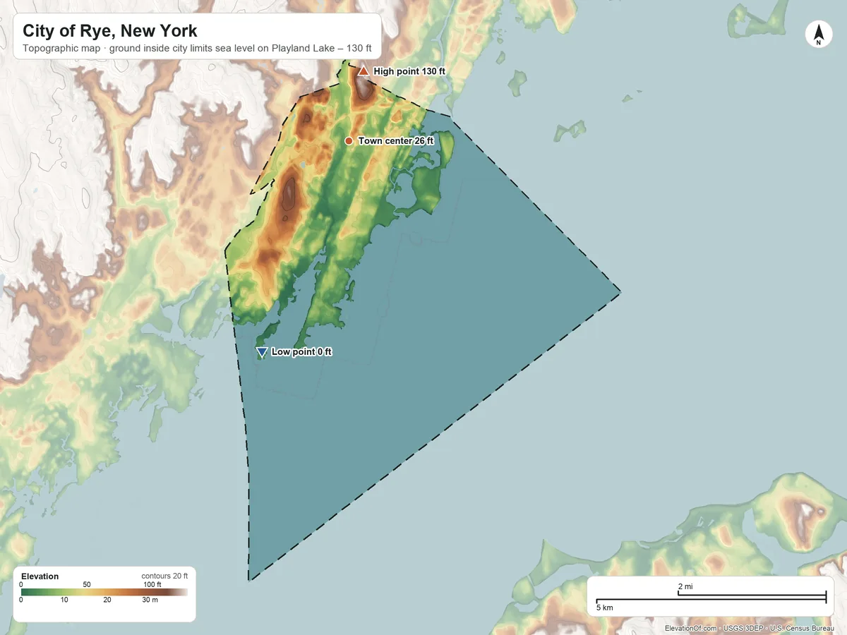 Topographic elevation map of City of Rye, New York, shaded from sea level level on Playland Lake to 130 ft on the north side