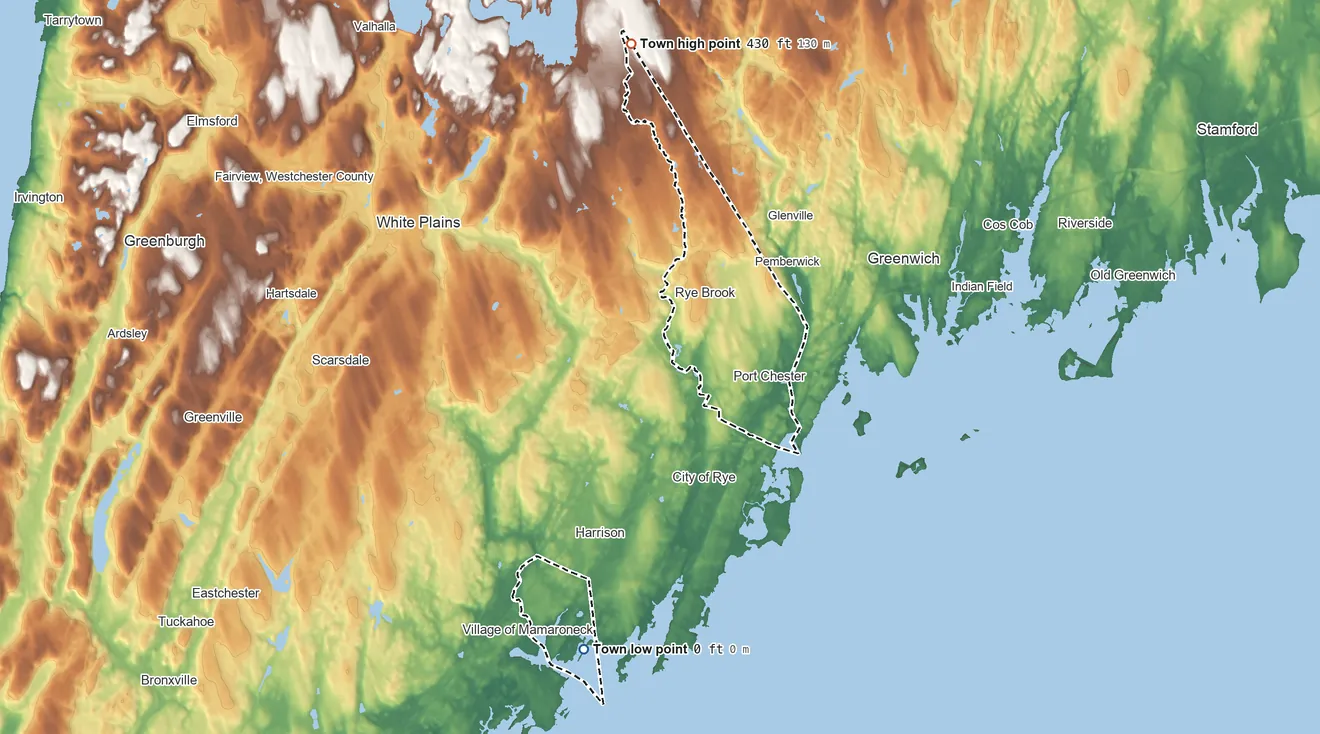 Topographic elevation map of Rye, New York, shaded from sea level level on Playland Lake to 430 ft on the north side