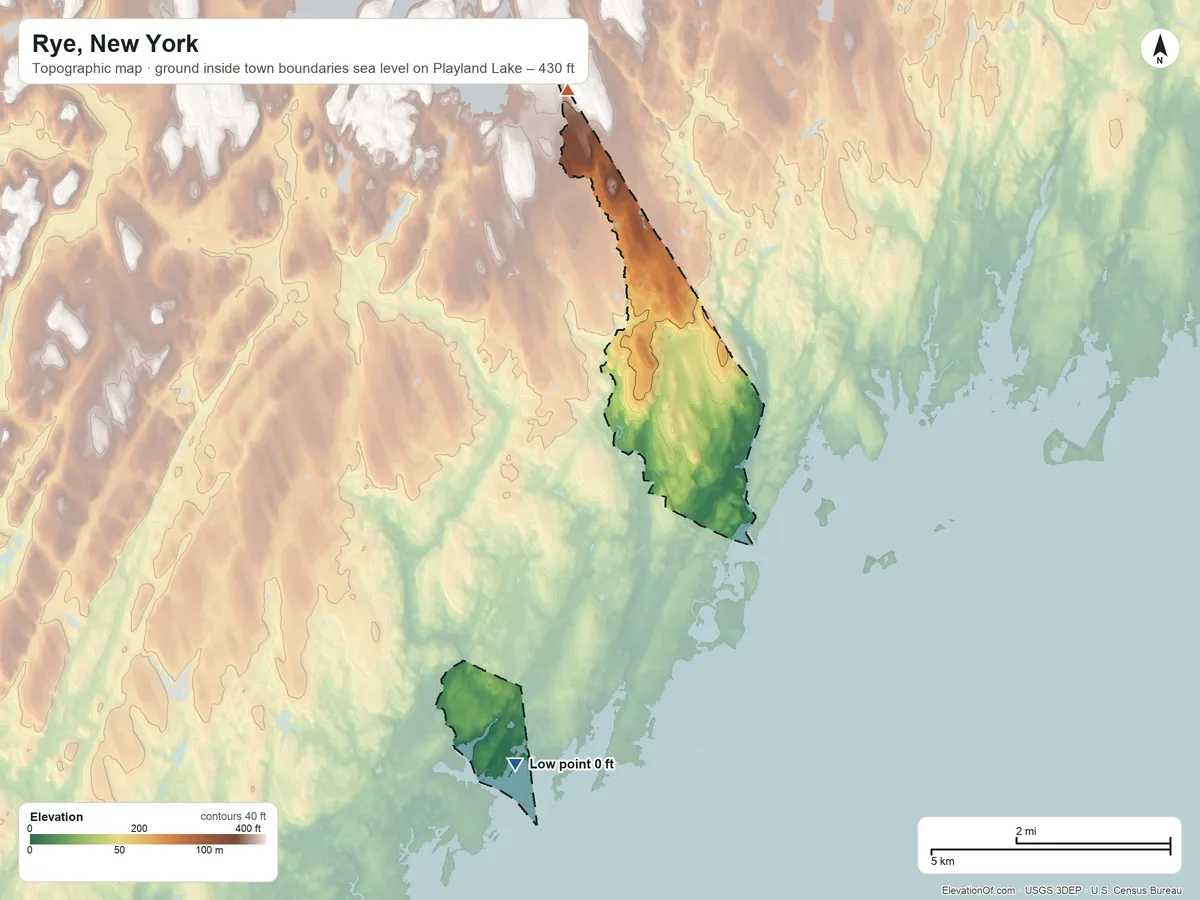 Topographic elevation map of Rye, New York, shaded from sea level level on Playland Lake to 430 ft on the north side