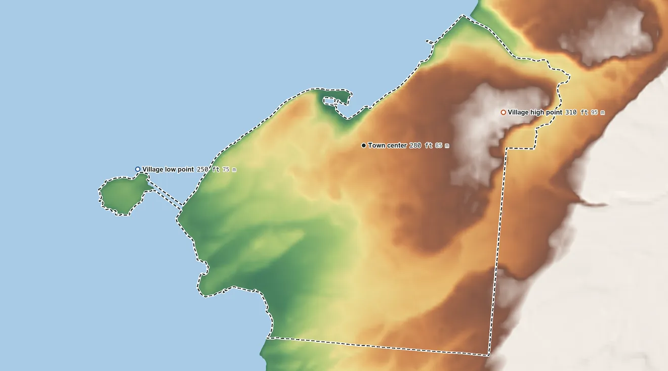 Topographic elevation map of Sackets Harbor, New York, shaded from 250 ft on the west side to 310 ft on the east side