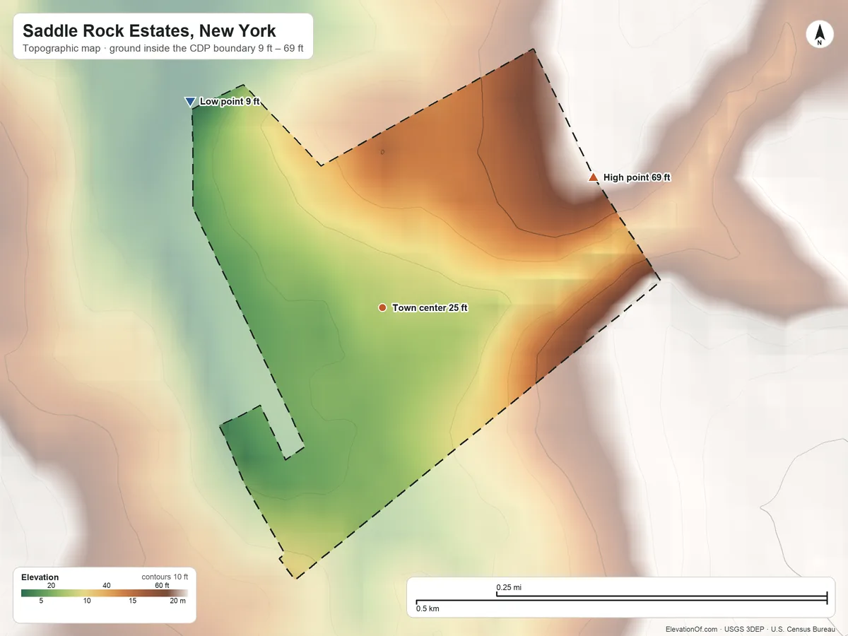 Topographic elevation map of Saddle Rock Estates, New York, shaded from 9 ft on the northwest side to 69 ft on the northeast side