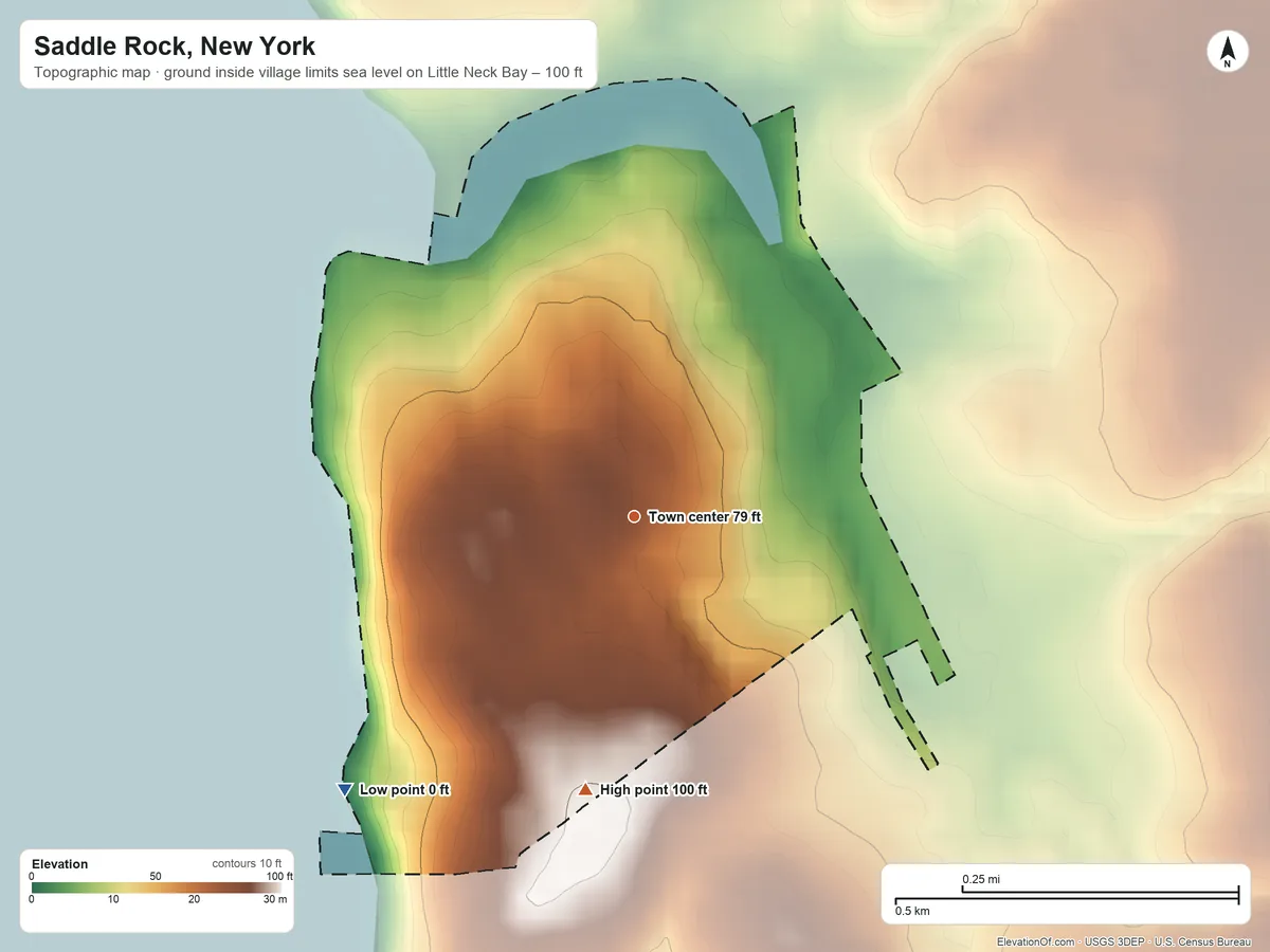Topographic elevation map of Saddle Rock, New York, shaded from sea level level on Little Neck Bay to 100 ft on the south side