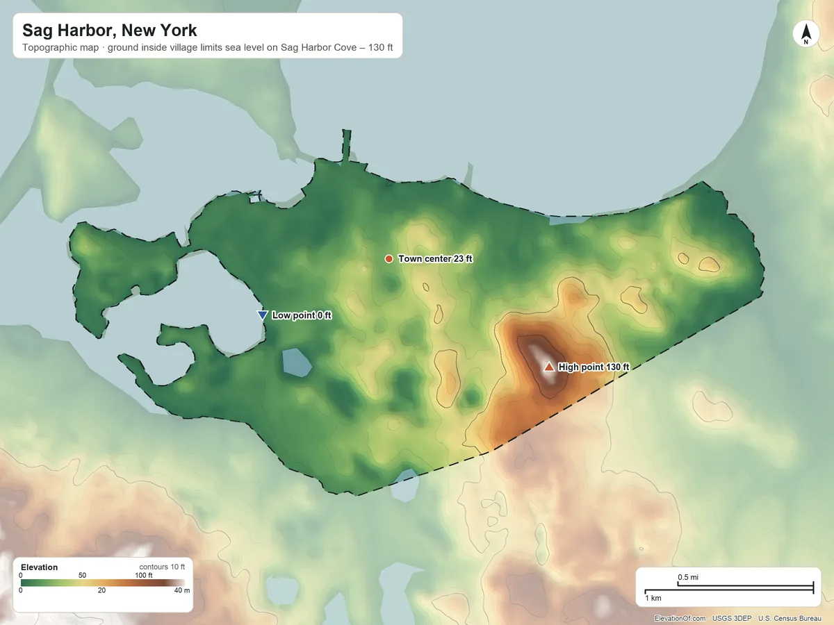 Topographic elevation map of Sag Harbor, New York, shaded from sea level level on Sag Harbor Cove to 130 ft on the southeast side