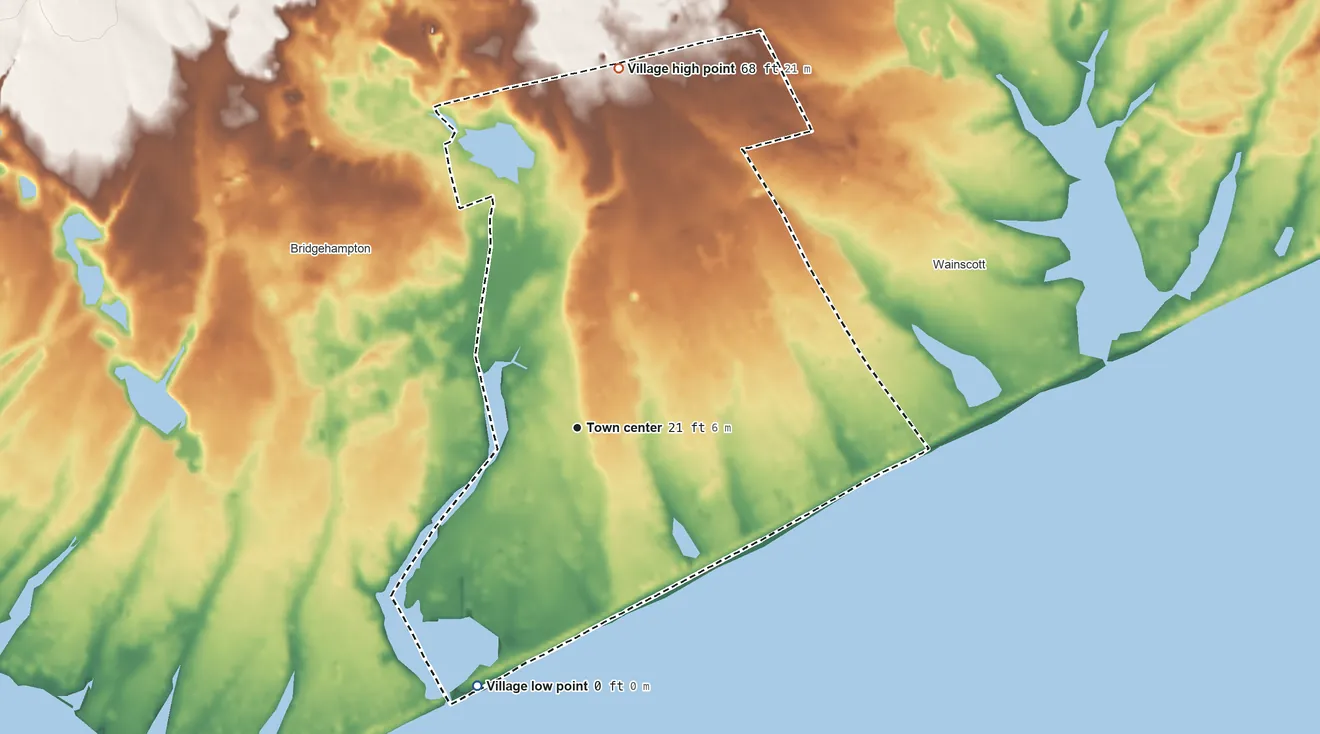 Topographic elevation map of Sagaponack, New York, shaded from sea level level on the Atlantic Ocean to 68 ft on the north side