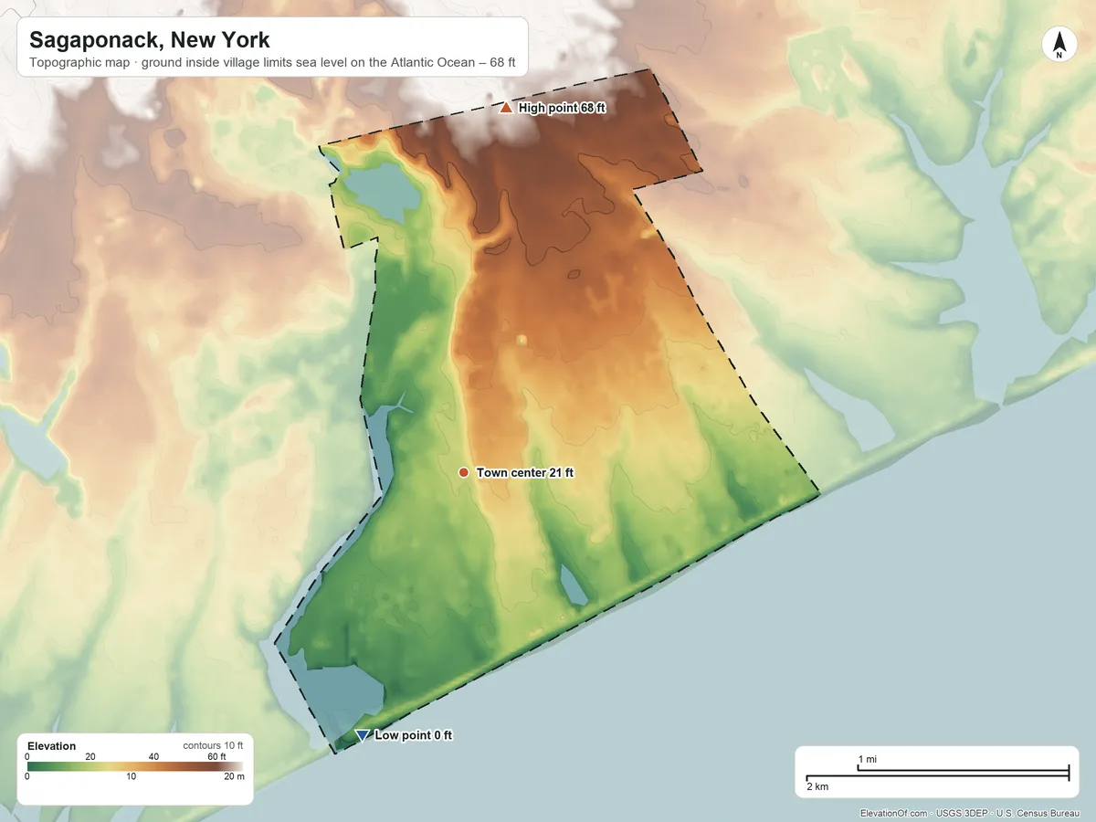 Topographic elevation map of Sagaponack, New York, shaded from sea level level on the Atlantic Ocean to 68 ft on the north side
