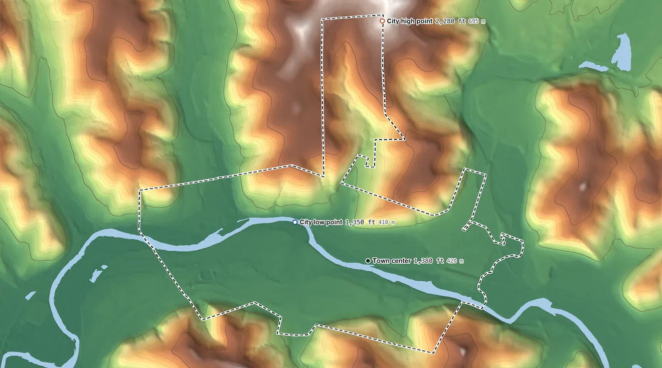 Topographic elevation map of Salamanca, New York, shaded from 1,350 ft on the northwest side to 2,280 ft on the north side