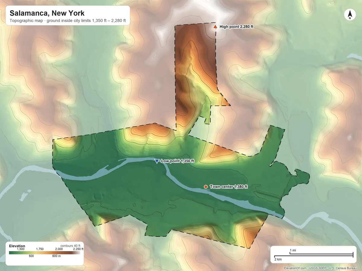 Topographic elevation map of Salamanca, New York, shaded from 1,350 ft on the northwest side to 2,280 ft on the north side