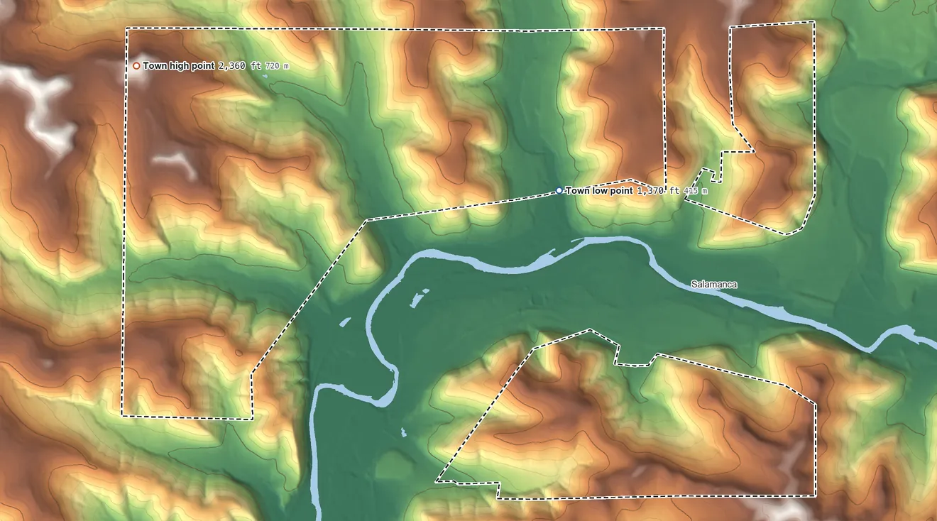 Topographic elevation map of Town of Salamanca, New York, shaded from 1,370 ft near the middle to 2,360 ft on the west side
