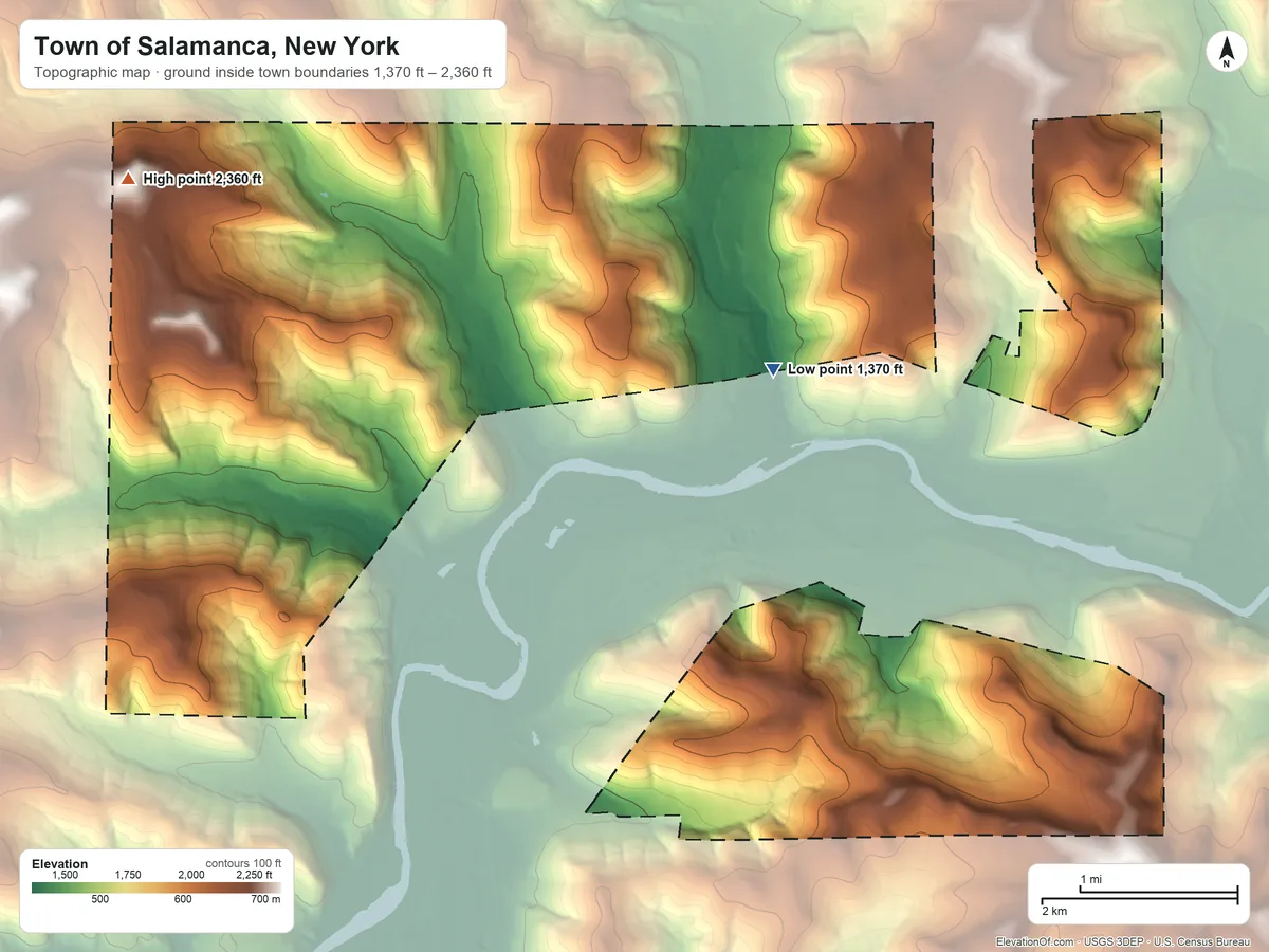 Topographic elevation map of Town of Salamanca, New York, shaded from 1,370 ft near the middle to 2,360 ft on the west side