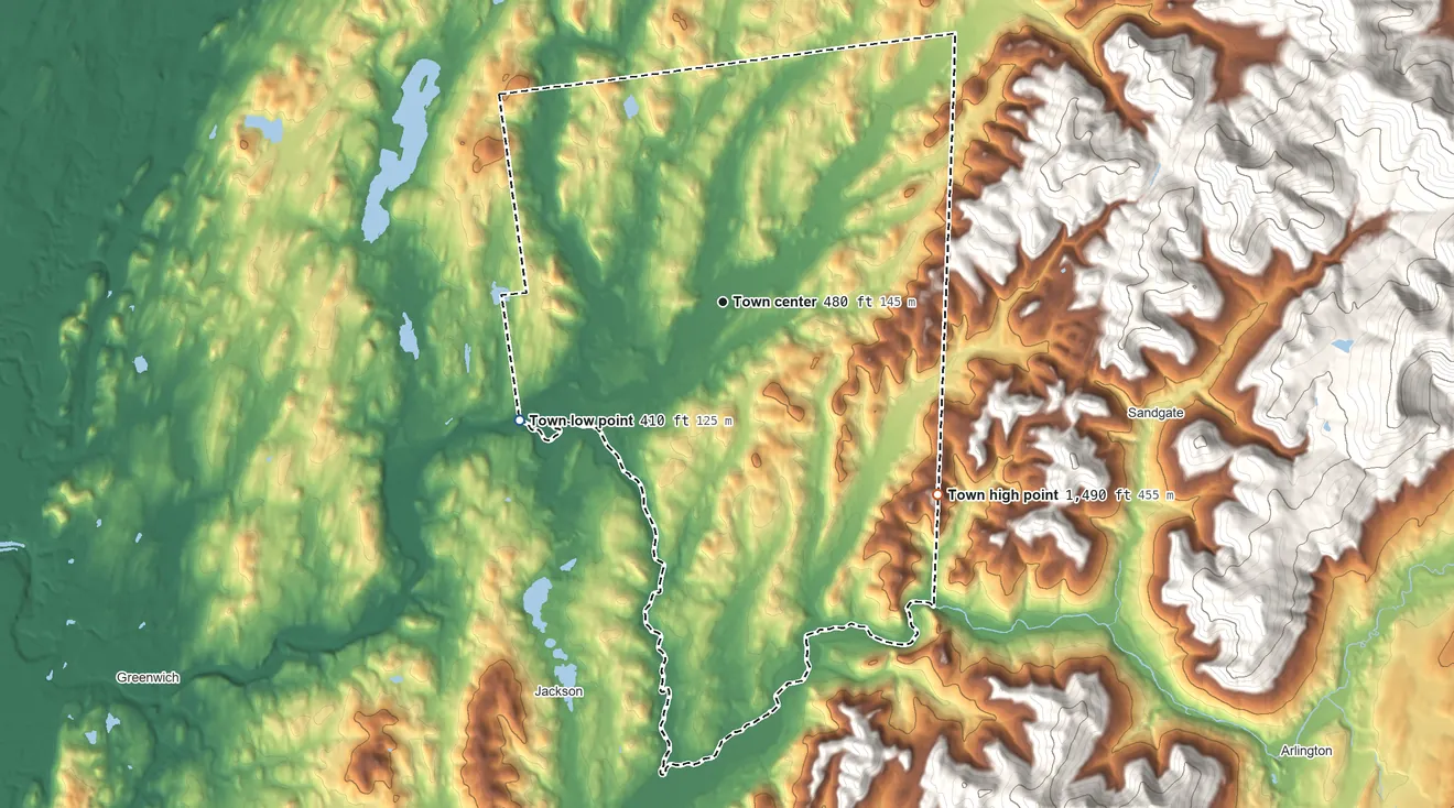 Topographic elevation map of Salem, New York, shaded from 410 ft on the southwest side to 1,490 ft on the southeast edge, below higher ground just outside