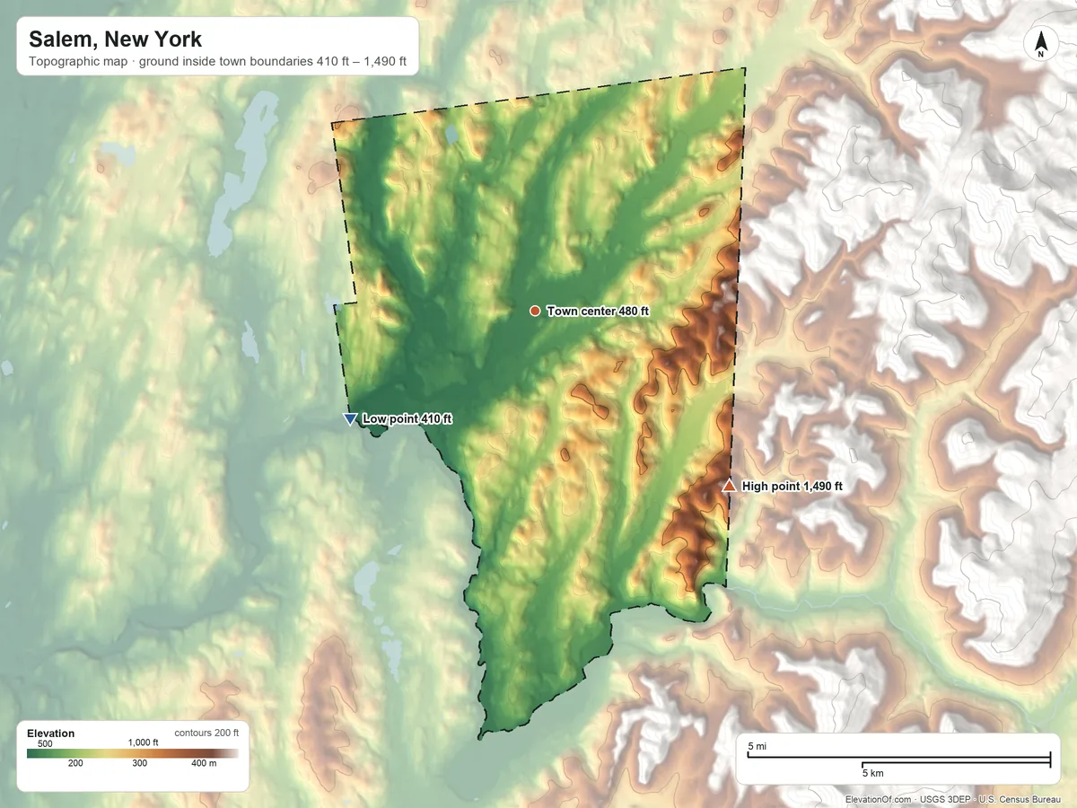 Topographic elevation map of Salem, New York, shaded from 410 ft on the southwest side to 1,490 ft on the southeast edge, below higher ground just outside