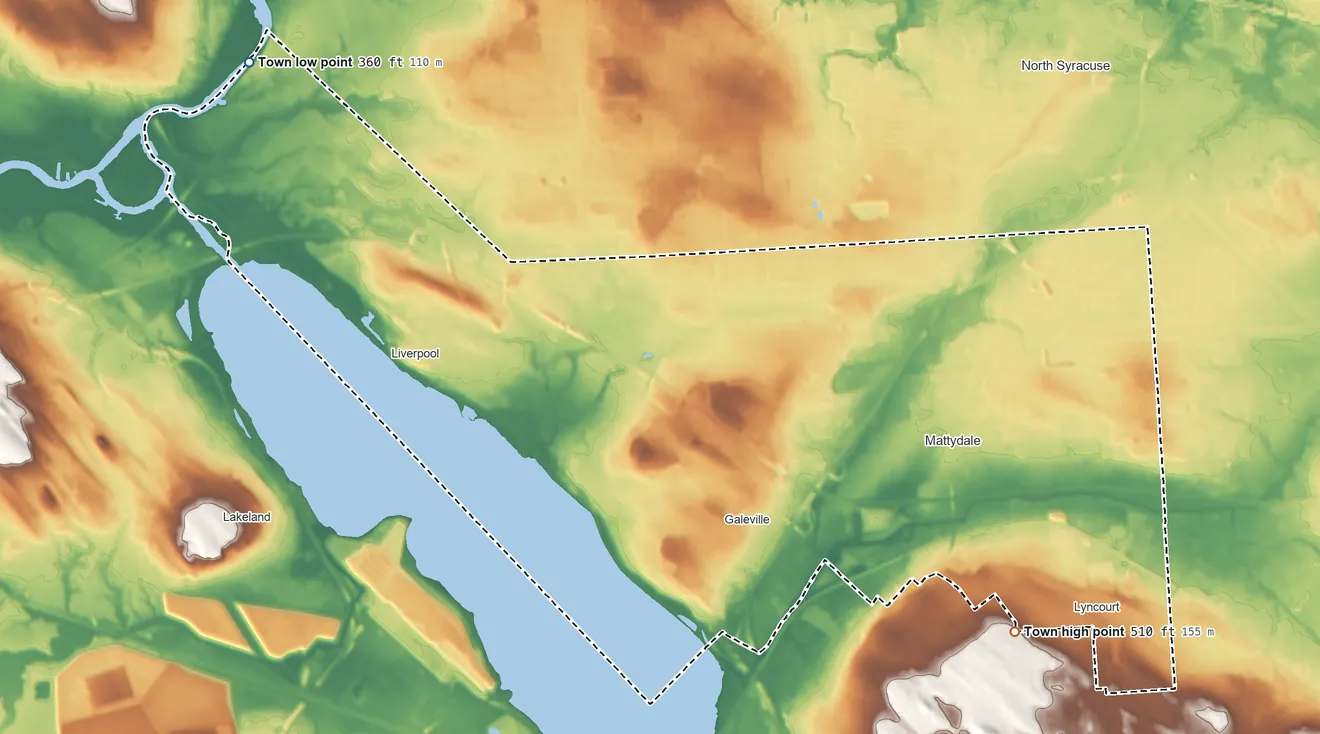Topographic elevation map of Salina, New York, shaded from 360 ft on the northwest side to 510 ft on the southeast side