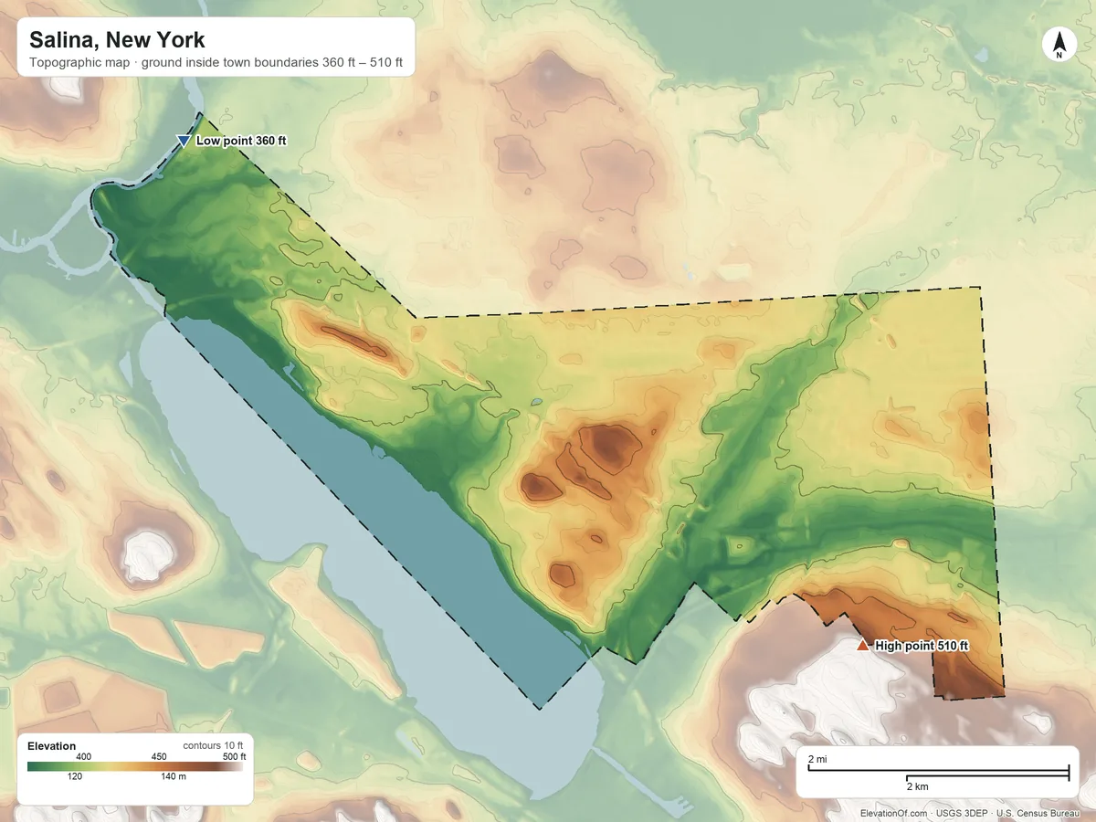 Topographic elevation map of Salina, New York, shaded from 360 ft on the northwest side to 510 ft on the southeast side
